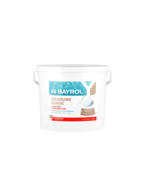 Seau de 10 kg de Chlorilong Classic de BAYROL, chlore lent en galets pour piscine.