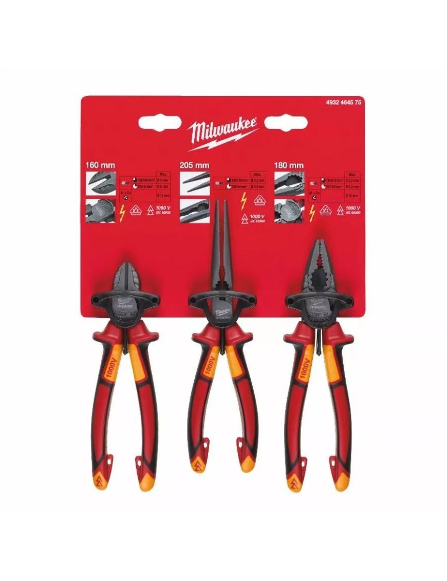 Jeu de 3 pinces VDE électricien - MILWAUKEE 4932464575